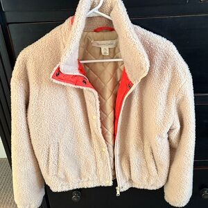 Cream Sherpa Jacket with orange Lining